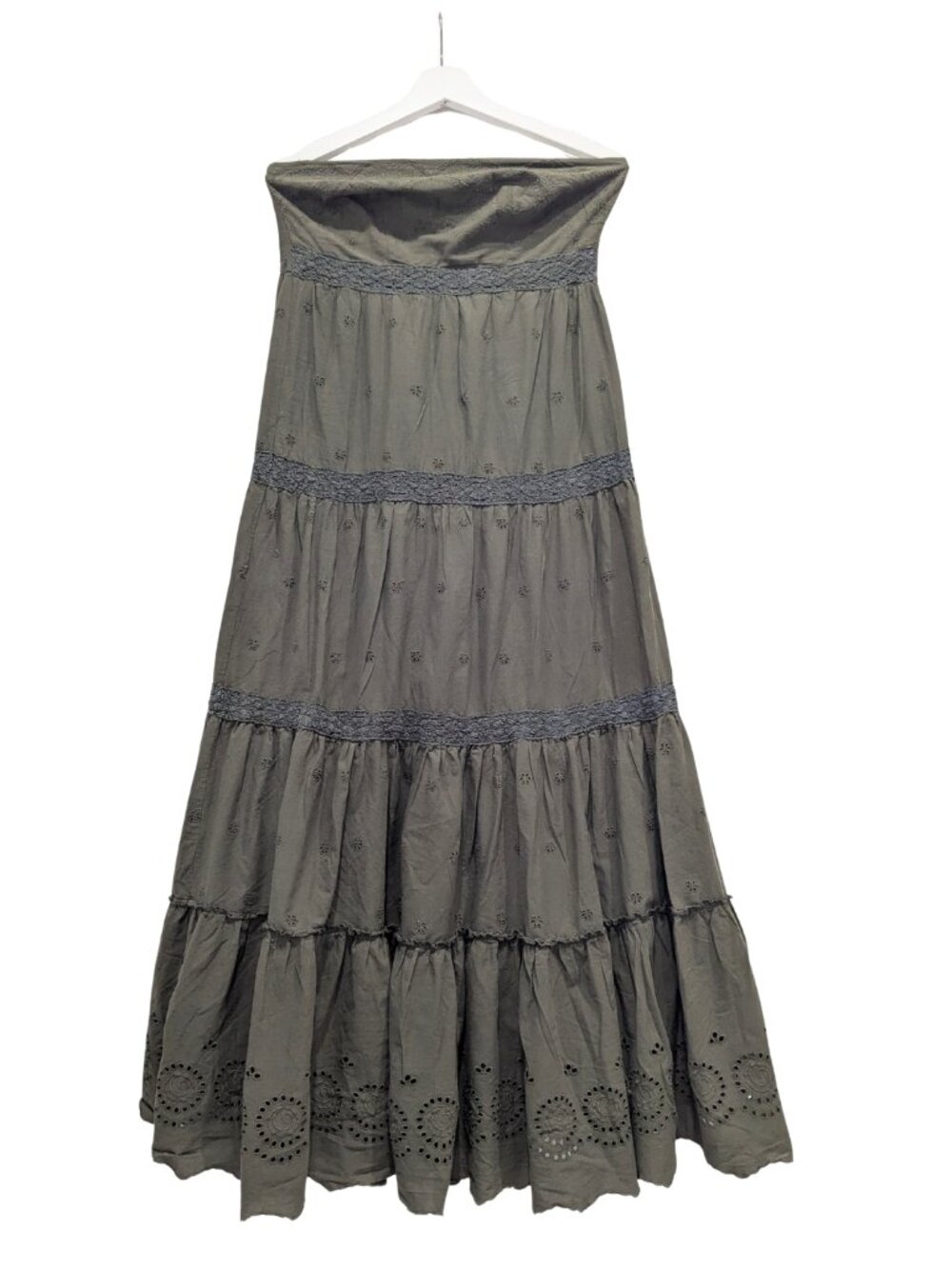 Charlotte Russe Olive Strapless Boho Eyelet Tiered Maxi Dress M Cotton - Picture 5 of 10